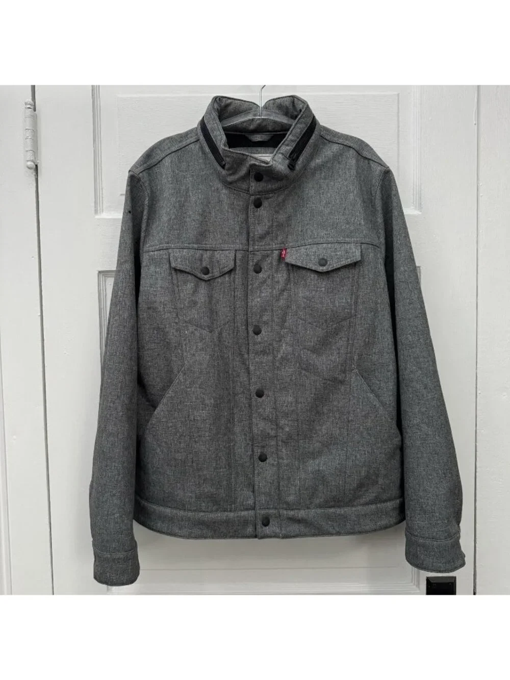Levi’s Gray Hooded Trucker Jacket L Snap Front Fleece Lined Hidden Hood FLAW